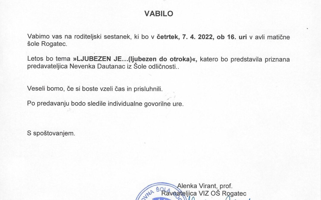Vabilo na roditeljski sestanek 1.-7., 9.r