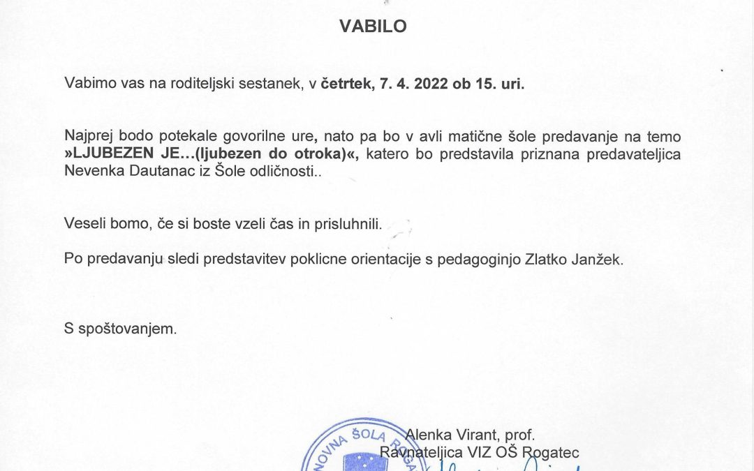 Vabilo na roditeljski sestanek 8.r